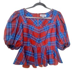 HUNTER BELL Red and Blue Plaid Peplum Puff Sleeve Top